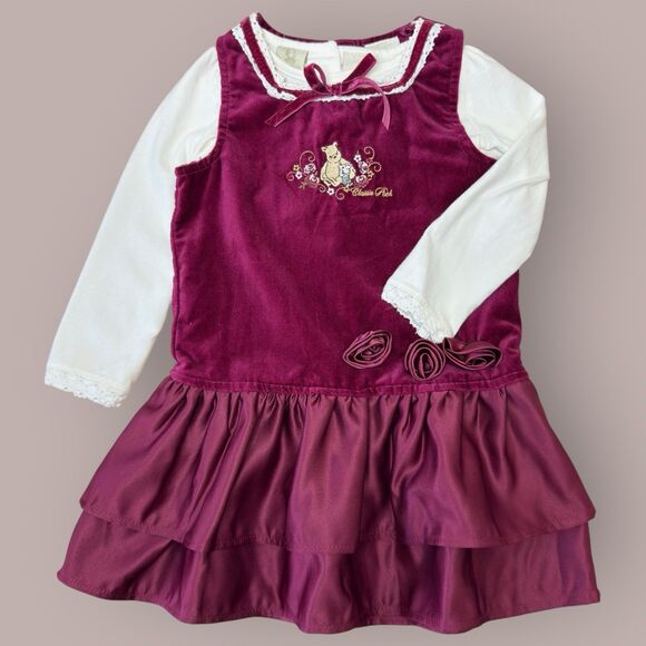 Vintage Pooh Velvet Dress Girls 24M Burgundy Ribbon Embroidery MVMCP Holiday 90s - Picture 1 of 11
